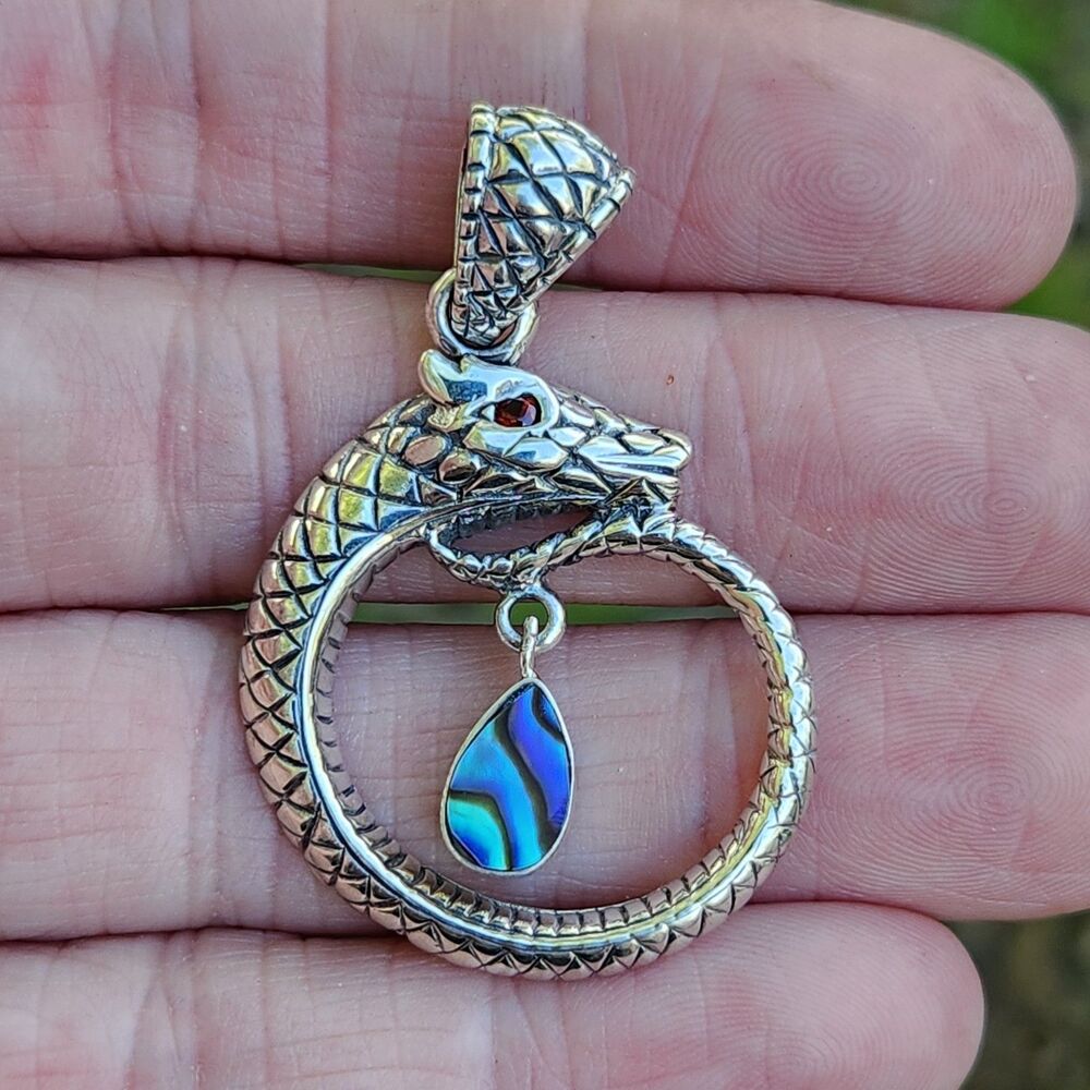 Ouroboros Dragon Pendant Mother of pearl Garnet eyes sterling silver 925 Fairy